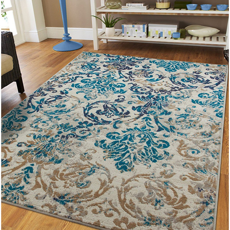 Winston Porter Modern Blue Grey Beige Transitional Area Rug, 2' by 3